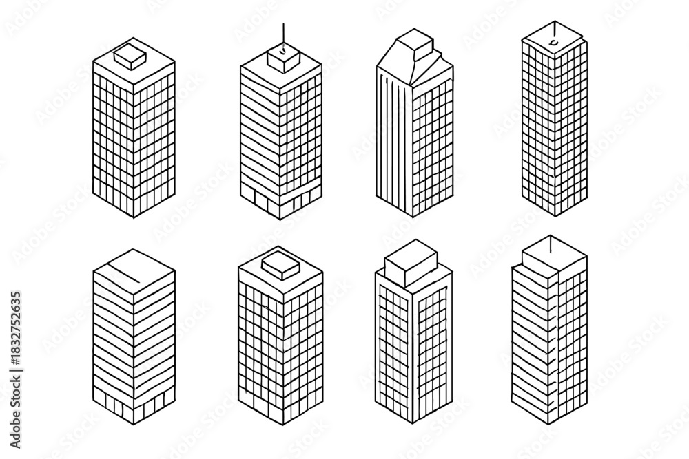 Fototapeta premium Isometric urban architecture collection of skyscraper designs for city planning and development