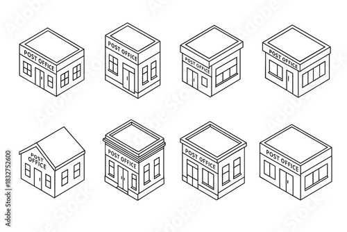 Isometric post office building designs for urban planning and architecture projects