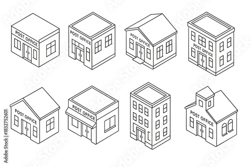 Isometric post office building set for urban planning and design projects