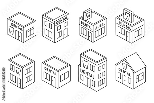 Collection of dental clinic designs featuring various building styles