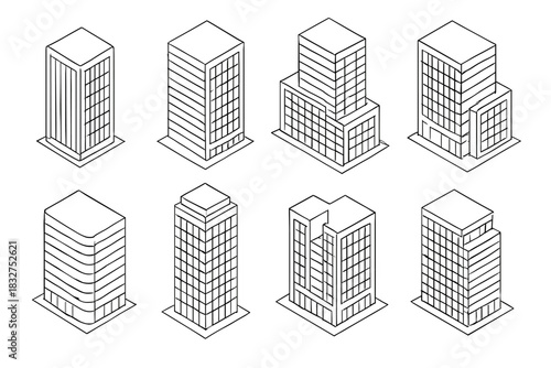 Isometric cityscape of modern geometric buildings for urban planning and architectural design