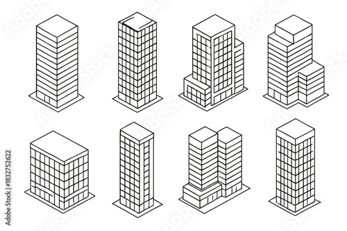 Isometric building icons set for urban design and architecture projects
