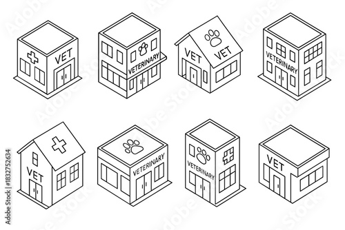 Set of eight vector style veterinary clinic icons for design and print