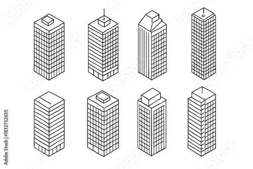 Isometric urban architecture collection of skyscraper designs for city planning and development
