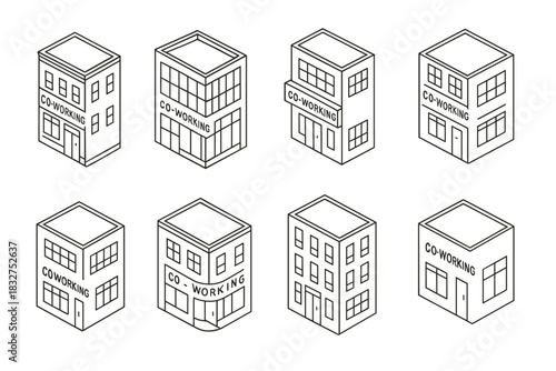 Isometric coworking spaces in minimalist line art style for office design and modern workspace concepts