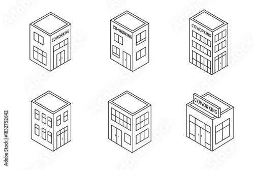Isometric coworking space icons for office design and branding