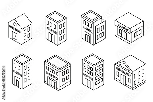 Isometric insurance building icons collection for design projects