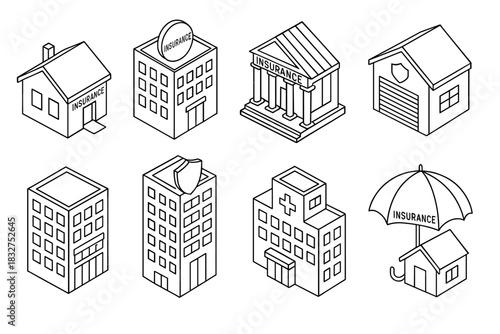 Insurance and protection concept with various building icons for design projects