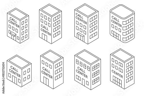 Isometric call center building icons for design and communication projects
