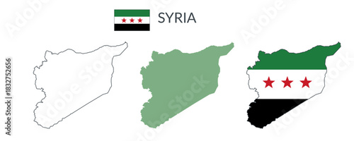 Syria geographical borders isolated on white background. Flag of Syria. Vector flat cliparts.