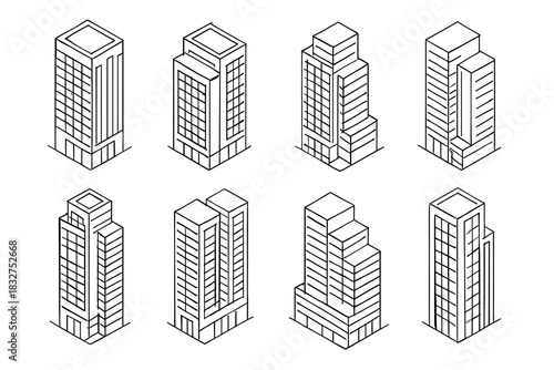 Modern architectural building designs in isometric perspective