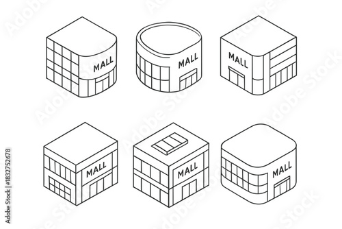 Isometric shopping mall building collection for urban design projects