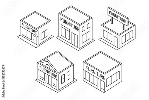 Set of isometric furniture store buildings for retail design and architecture concepts
