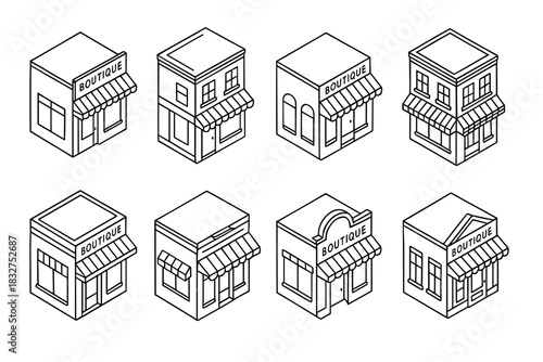 Set of isometric boutique building designs for architectural concepts