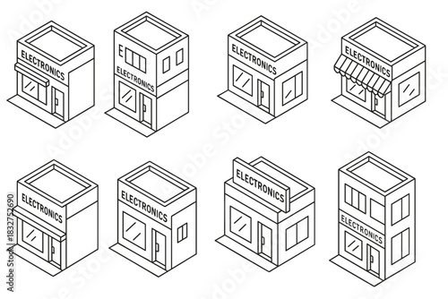 Isometric electronics storefronts collection for urban concepts and design projects