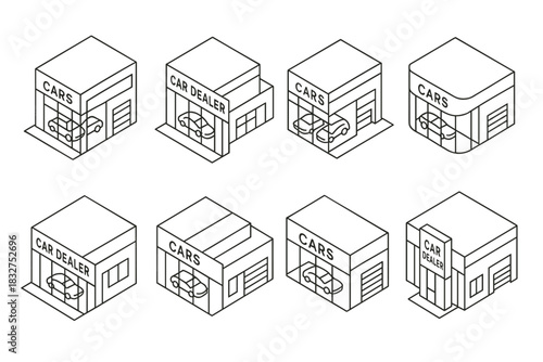 Set of isometric car dealer buildings for automotive design projects