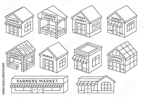 Isometric farmers market buildings collection for design projects