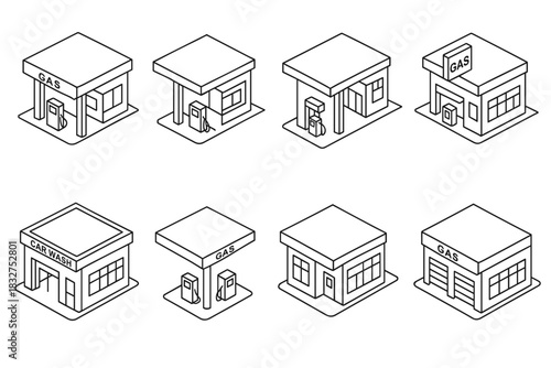 Outline isometric icons of gas stations and car wash facilities for infographics and designs