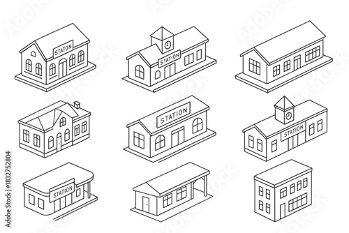 Isometric railway station building designs for architectural projects and designs