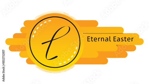 A stylized golden circle with a black cursive letter t inside and the words eternal easter next to it on a bright orange background with a white border