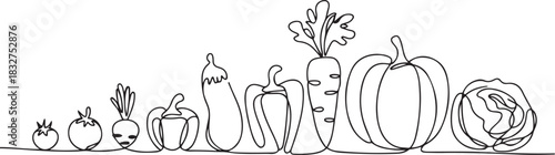 Continuous one line drawing. Vegetables different size from small till big.one line  vector illustration  with out background