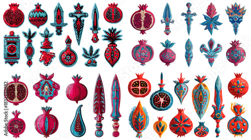 Colorful folk art illustration set of pomegranate symbols, leaves, and stylized motifs in rich red and blue tones, suitable for ethnic patterns, decoration, and cultural themes.