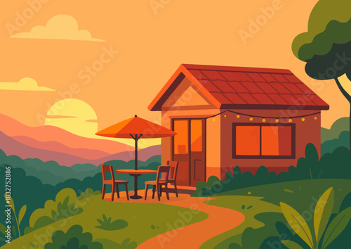 landscape with cafe sky mountain and sunset