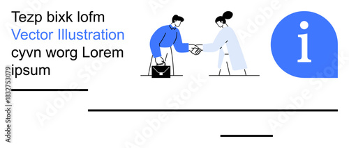 Business communication, teamwork, professional collaboration, corporate deals, information sharing, workplace dynamics. Two individuals shaking hands near an info icon. Business communication