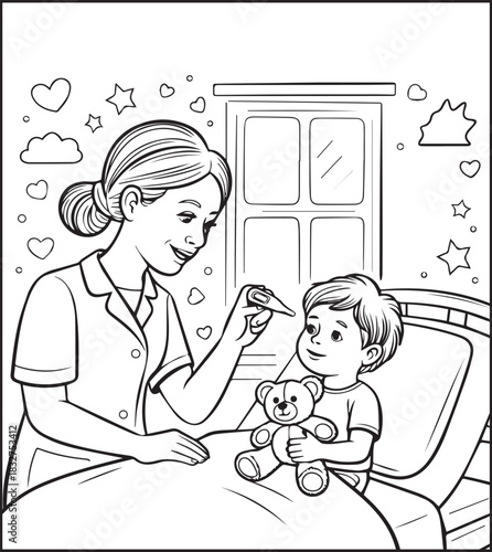 A cute nurse in hospital coloring page for kids, black line art vector illustration for medical student coloring book