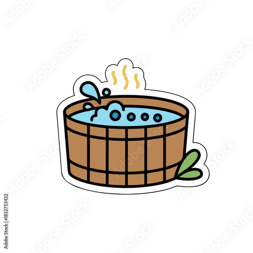 Bubbling Hot Tub With Steam Rising And Greenery On The Side Wooden Barrel Style With Blue Water Splashing A Simple Sticker Design
