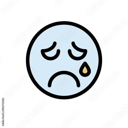 Sad Face Emoji With A Tear Droplet And A Frown On A Light Blue Circle With A Black Outline And A White Background Minimalist Flat Vector Art