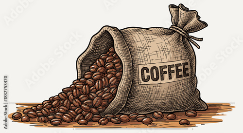 An intricately detailed vintage-style illustration depicts a rustic burlap sack overflowing with aromatic roasted coffee beans, scattered across a warm wooden surface.