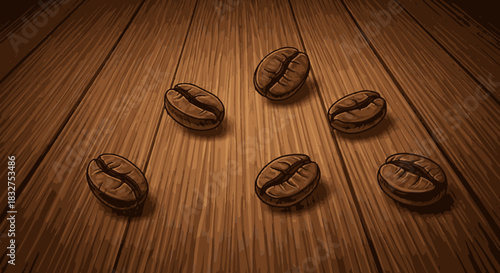 Six aromatic roasted coffee beans are artfully scattered across a warm, rustic wooden tabletop, evoking the rich essence of a morning brew.