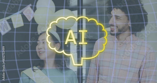 Standing together duo smiling with sash and plaid shirt in hall, balloons, pennant, AI brain grid