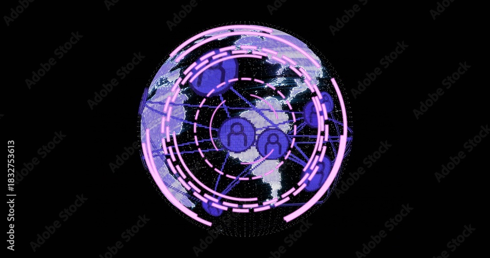 Obraz premium Spinning dotted globe floating against black void, showing magenta rings, node icons and links