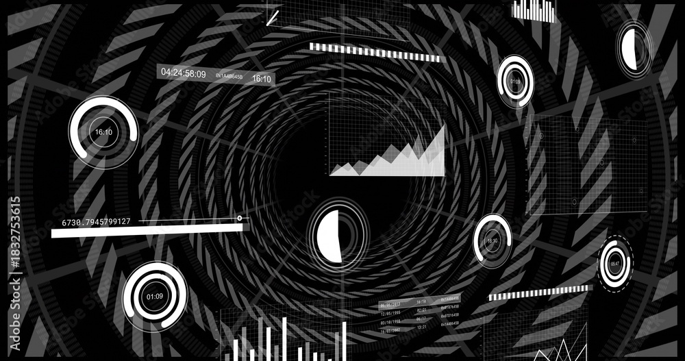 Fototapeta premium Displaying concentric spiral vortex rotating inside virtual HUD, showing half-moon dial and gauges