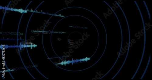 Displaying concentric blue rings and cyan waveforms rotating and pulsing on black HUD, with glyphs