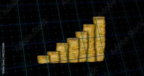 Displaying seven-eight gold coin stacks rising on dark grid plane, with curved green trend lines