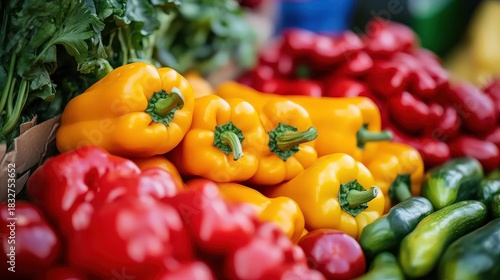 Colorful fresh bell peppers displayed at vibrant farmers market