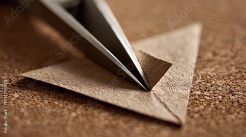 Tweezers holding folded paper on cork