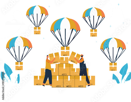 People Unloading Boxes Delivered By Parachutes At A Donation Station With Blue And Orange Accents And A Dark Background