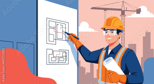 Construction engineer in safety gear reviewing and pointing to architectural blueprints on a wall with a city building site background.