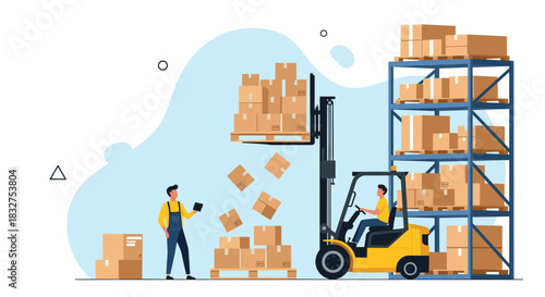 Warehouse accident scene with a forklift dropping a pallet of boxes, illustrating a workplace safety and operational risk concept.