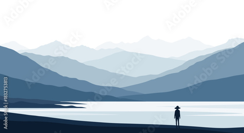Lone figure in a traditional conical hat standing on a shore, gazing at a serene, layered mountain landscape over a calm lake.
