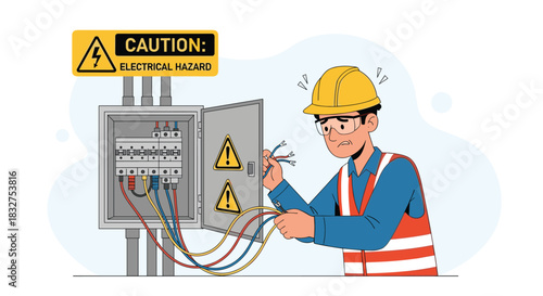 Confused electrician looking at a mess of wires in an open panel box with an electrical hazard caution sign overhead, vector illustration.