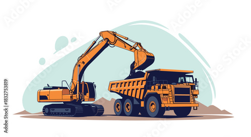 Heavy construction machinery with an excavator loading earth into a large dump truck at a quarry or construction site, vector art.