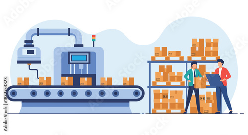 Modern factory with an automated production line, conveyor belt, and workers managing warehouse inventory with a laptop computer.