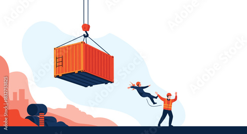 Dramatic workplace safety scene where one worker pushes another to save them from a falling shipping container lifted by a crane.