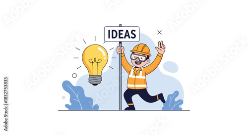 Happy industrial worker running with a sign that says IDEAS next to a large light bulb, representing creativity and innovation.