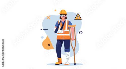 Injured female construction worker with a broken arm and leg in casts using crutches, representing a workplace accident concept.